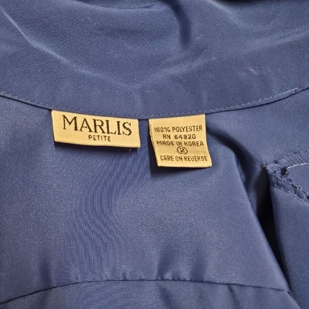 Vintage Marlis 80s Padded Shoulder Blouse Royal Blue Wrap Top Petite Small PS 90 - Picture 8 of 13